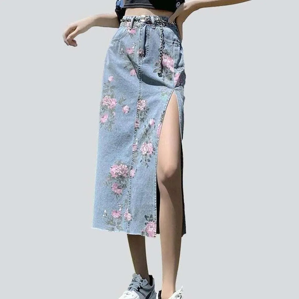 Slit denim skirt with flowers | Jeans4you.shop