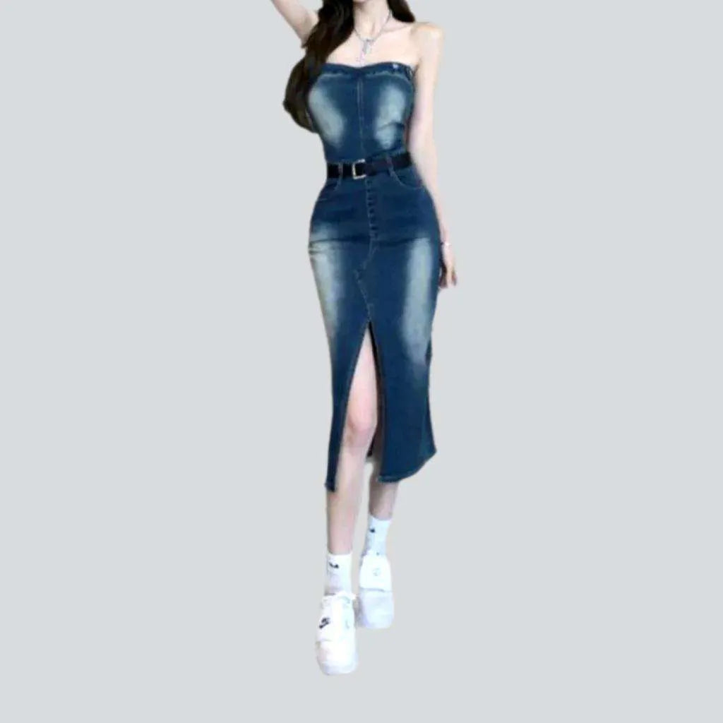 Slit sanded strapless denim dress | Jeans4you.shop