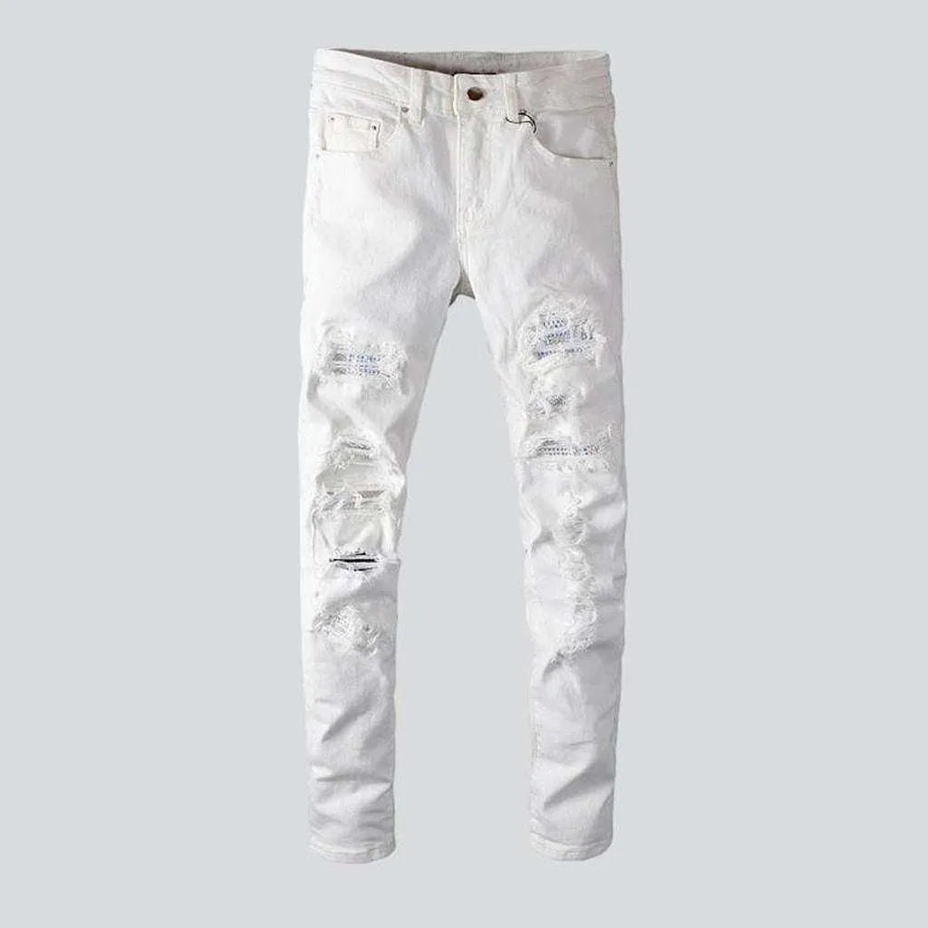 White crystal patchwork men's jeans | Jeans4you.shop