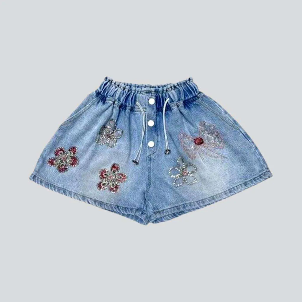 Embellished Denim Shorts - Light denim blue - Ladies