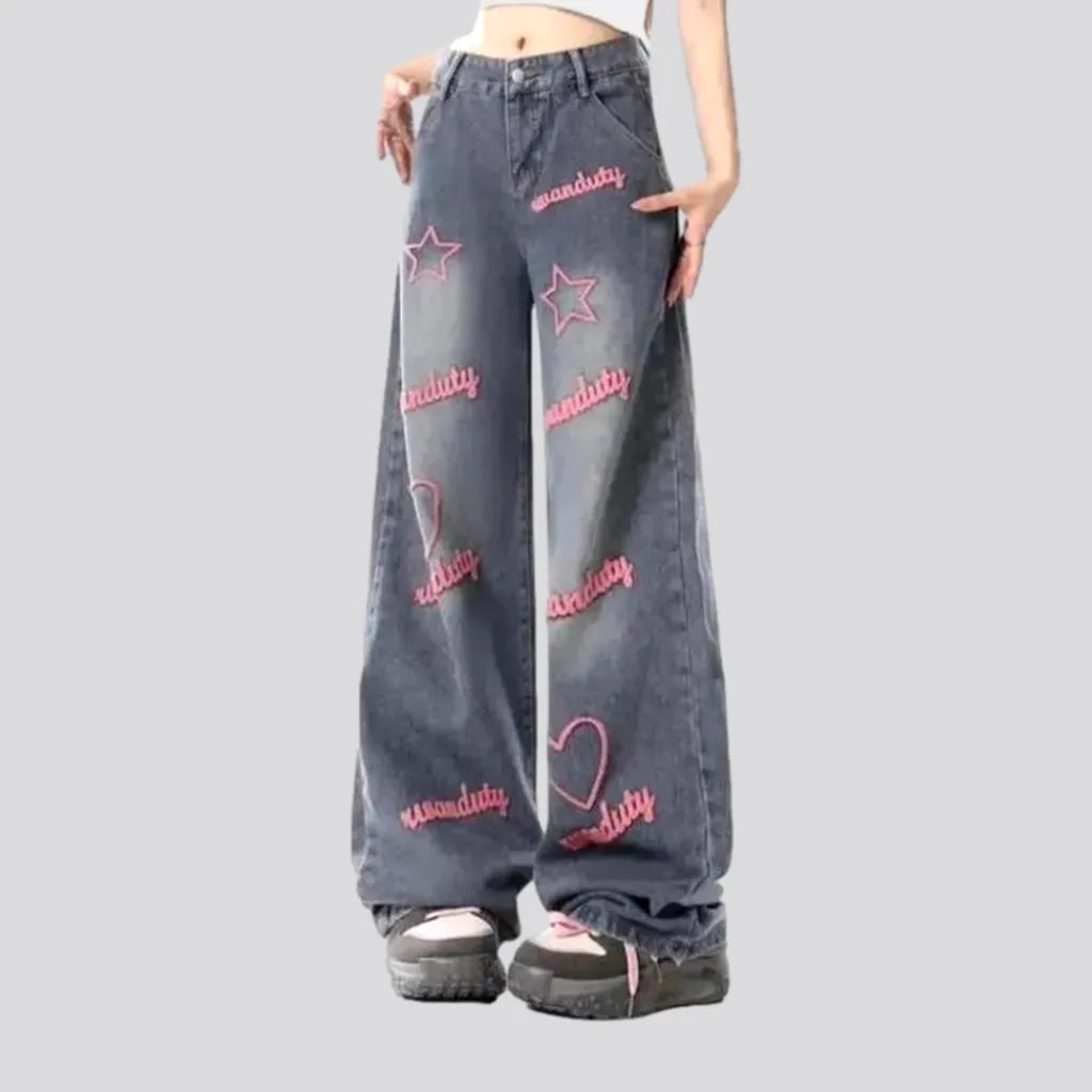 Y2k pink-embroidery jeans
 for women | Jeans4you.shop