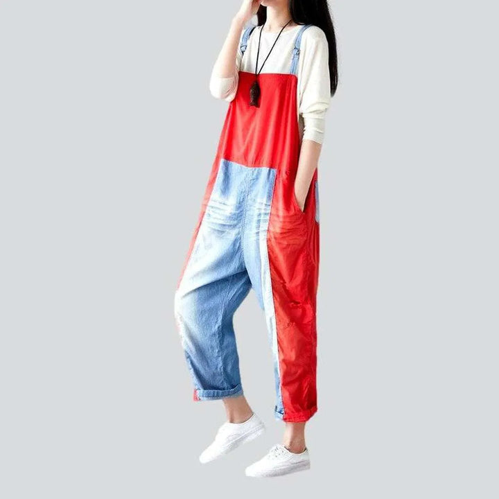 Mixed color fabric denim overall