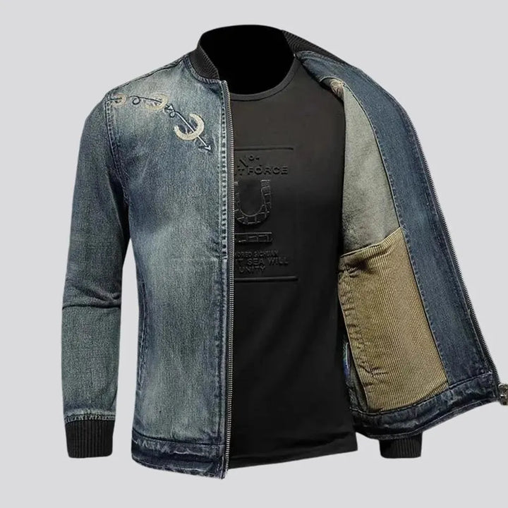 Vintage style slim fit men's denim bomber jacket