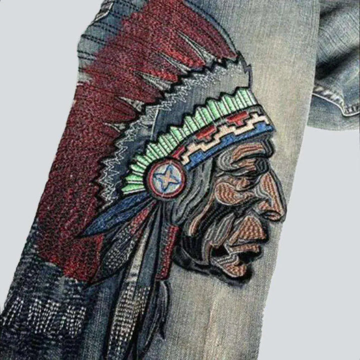 Indian head embroidery men's jeans