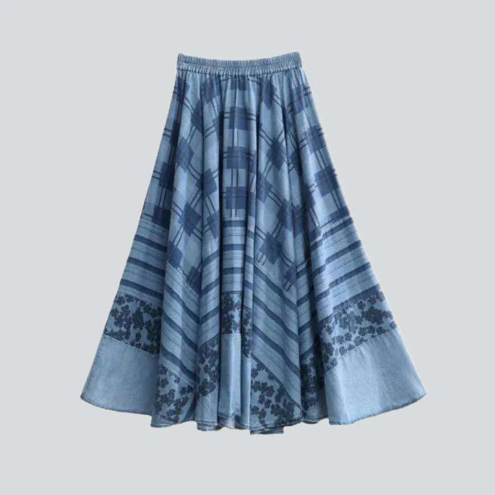 Embroidered flare maxi denim skirt