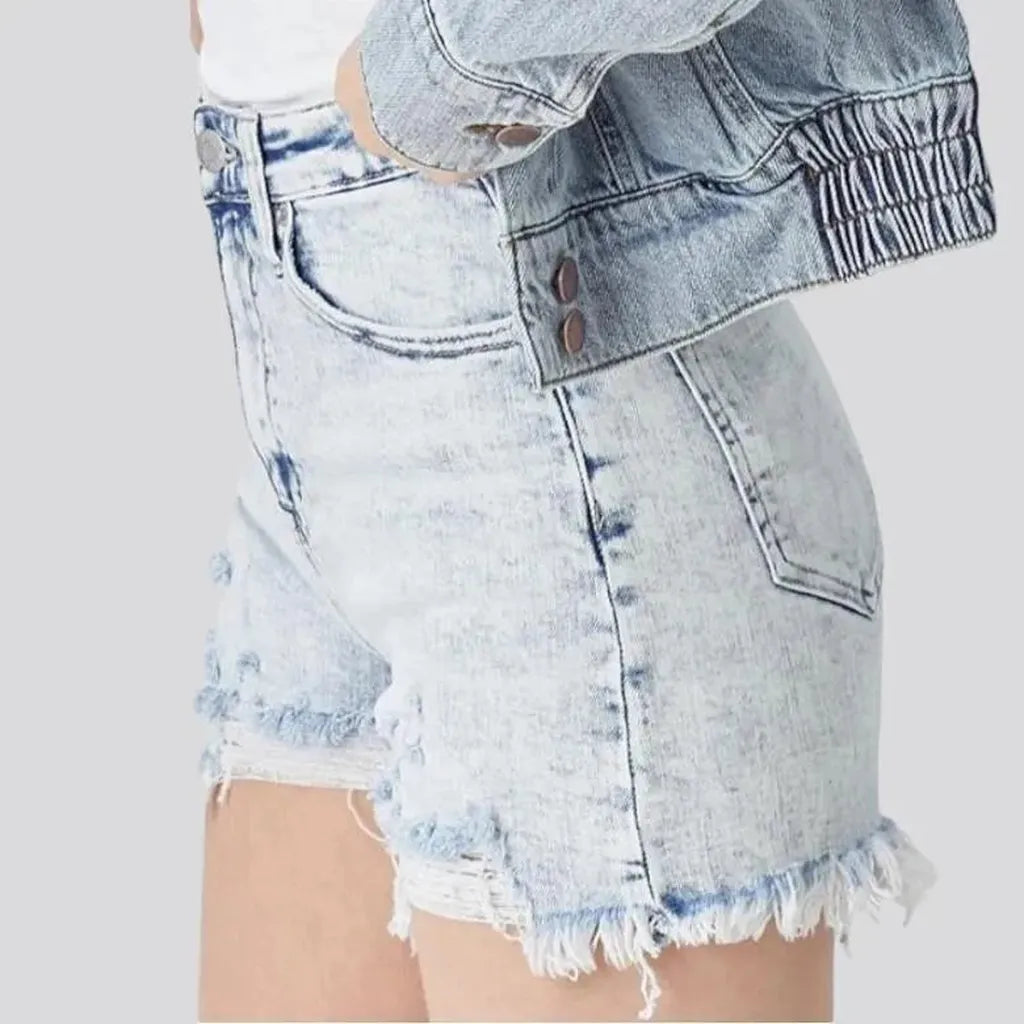 Frayed-hem ice-wash denim shorts for women