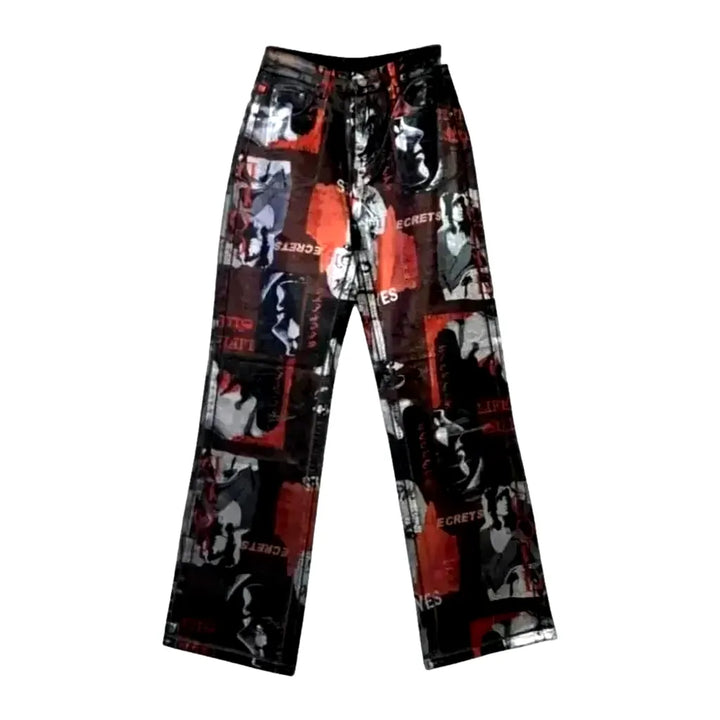 Graphic Print Baggy Women's Jean Pants - Brown