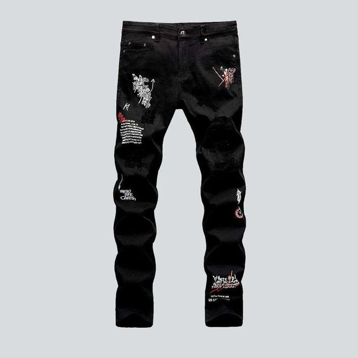 Letters print ripped men's jeans