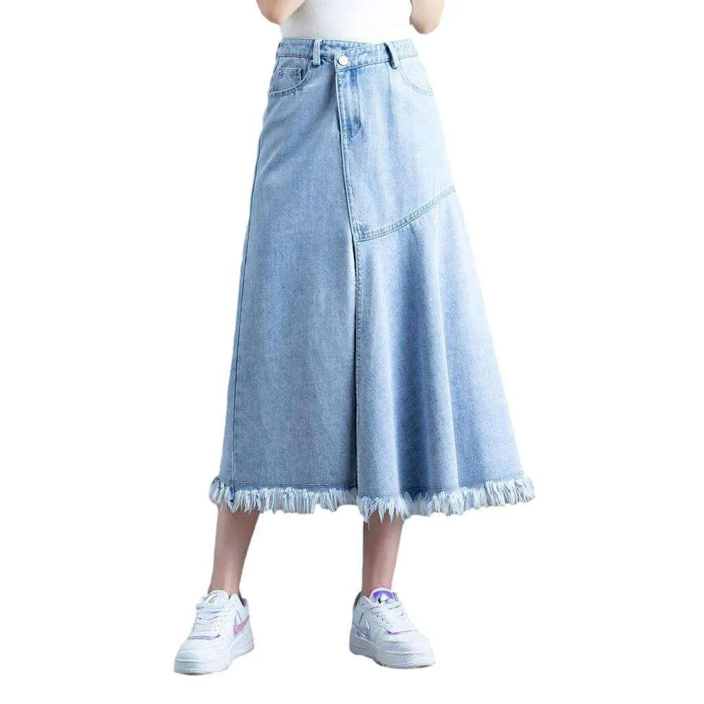 Asymmetric flare long denim skirt