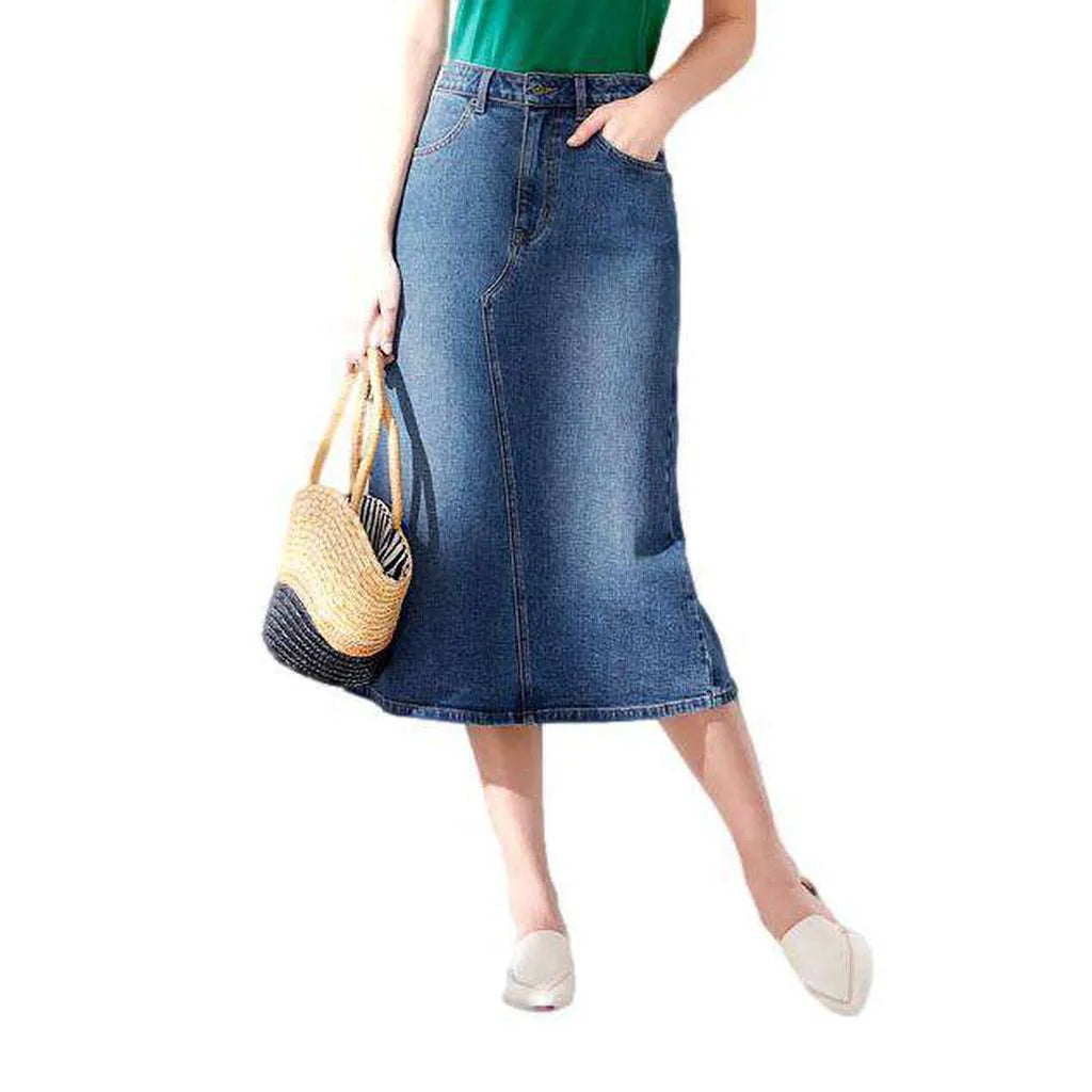 Asymmetric seam midi denim skirt