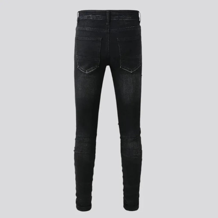 Skinny distressed patchwork motorcycle men's jeans