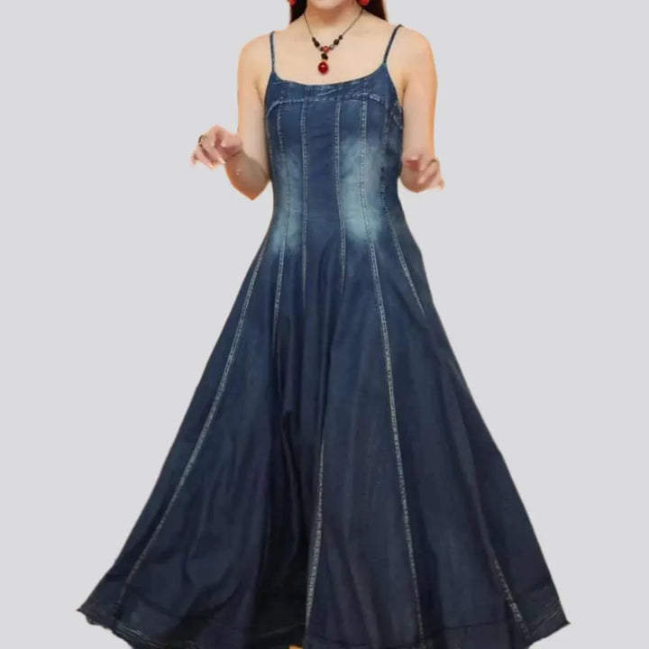 Embroidered long denim dress
 for ladies