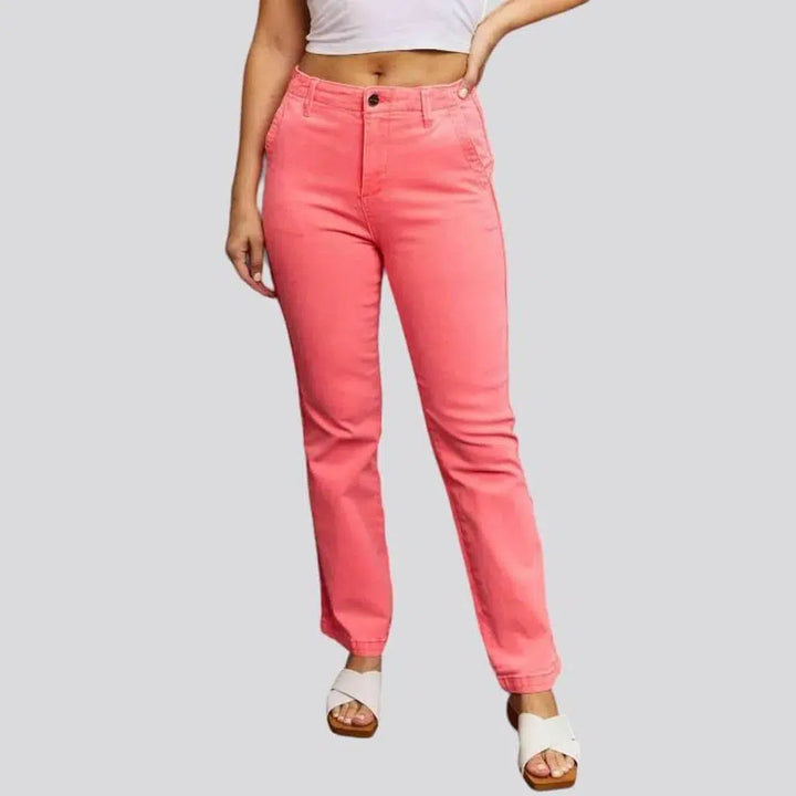 slim, color, bright-pink-hue, high-waist, 5-pocket, zipper-button, women's pants | Jeans4you.shop