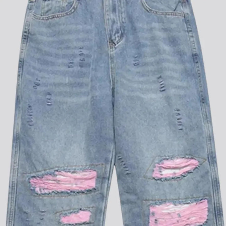 Distressed pink patchwork men's jeans