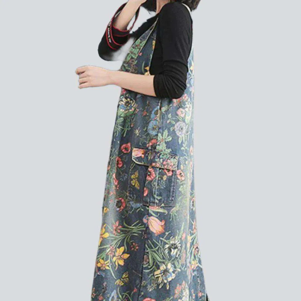 Full floral print denim dress
