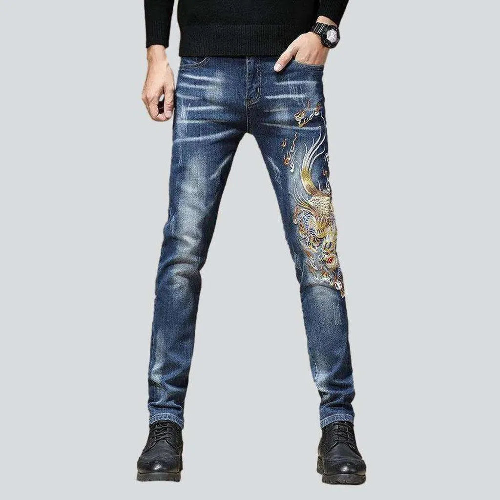 Dragon embroidery men's fashion jeans