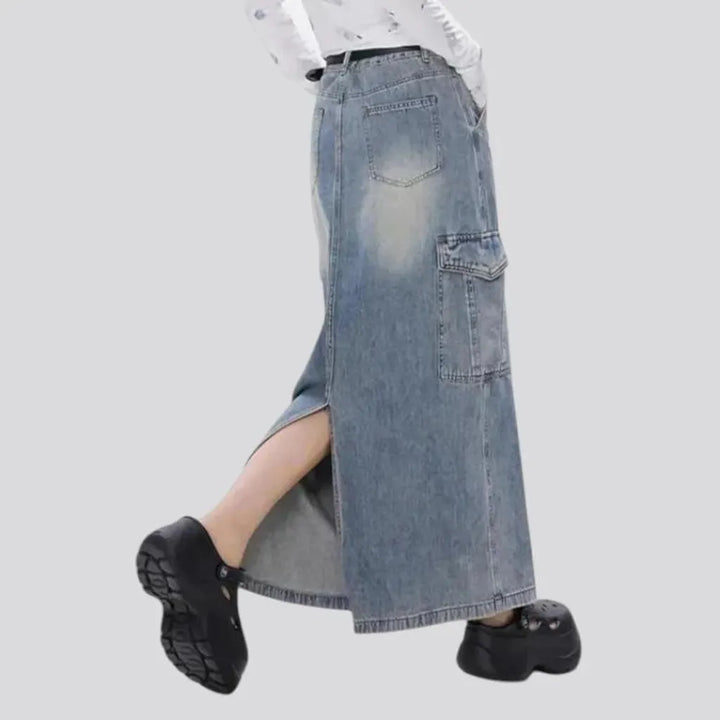 High-rise faded wash jean skirt