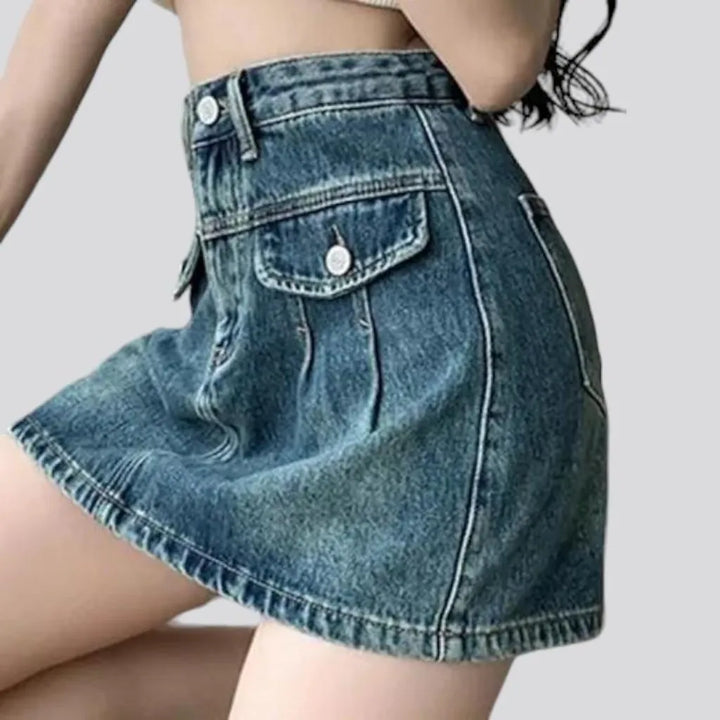 Sanded pleated-pockets jean skort
 for ladies