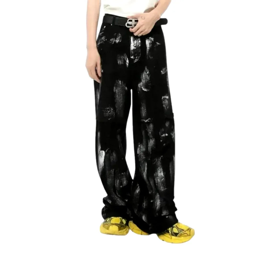 Boho Mid Rise Painted Men's Jeans Pants - Black