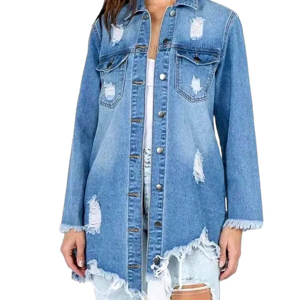 Light Wash Frayed Jacket Jean Shirt for Ladies - Light Blue