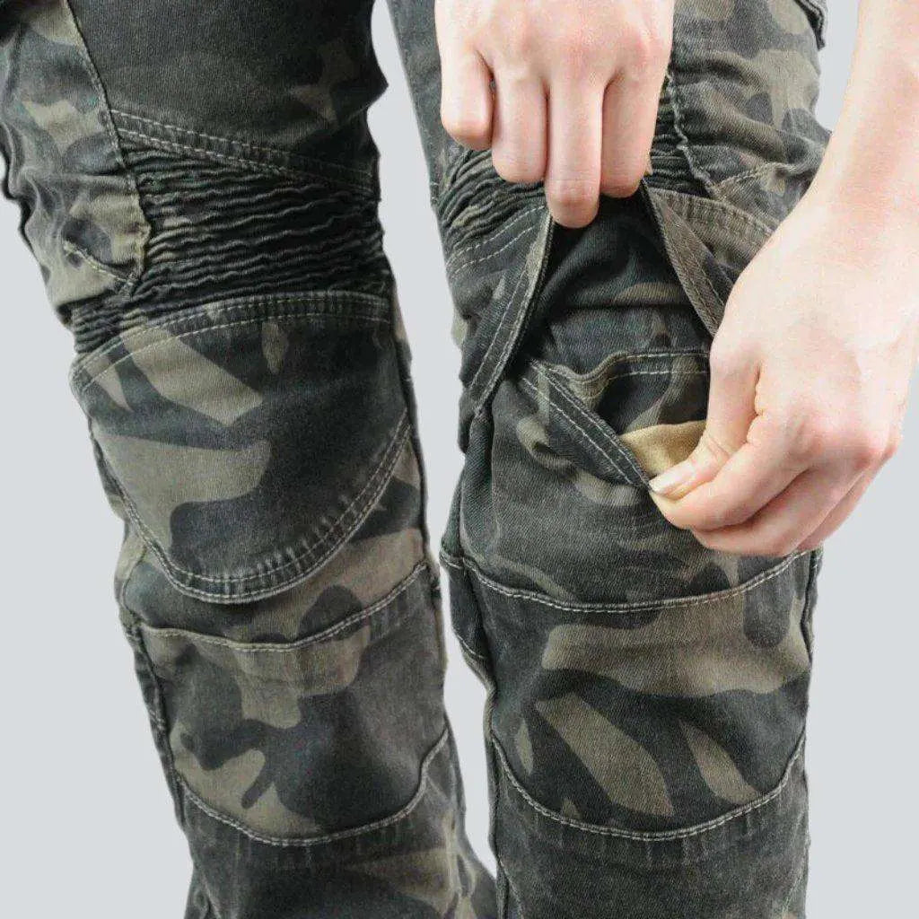 Camouflage khaki women's biker jeans