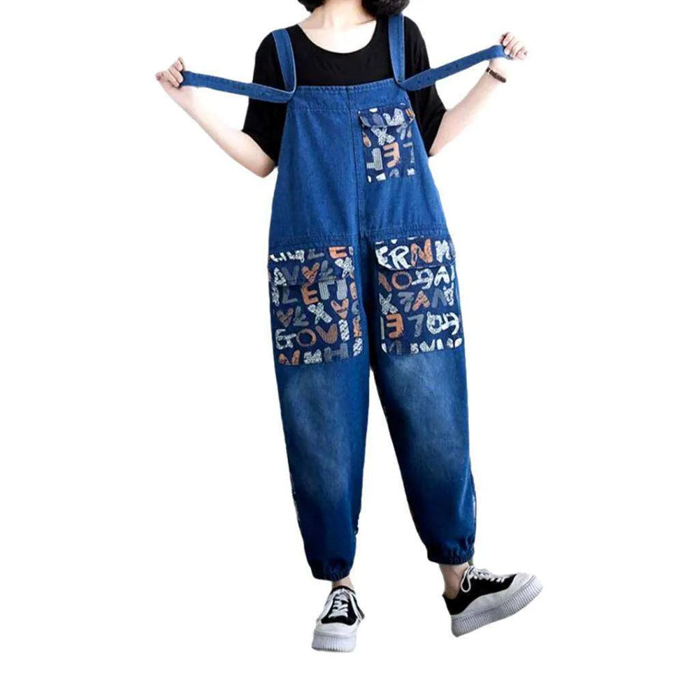 Baggy Painted Denim Overall for Women - Blue