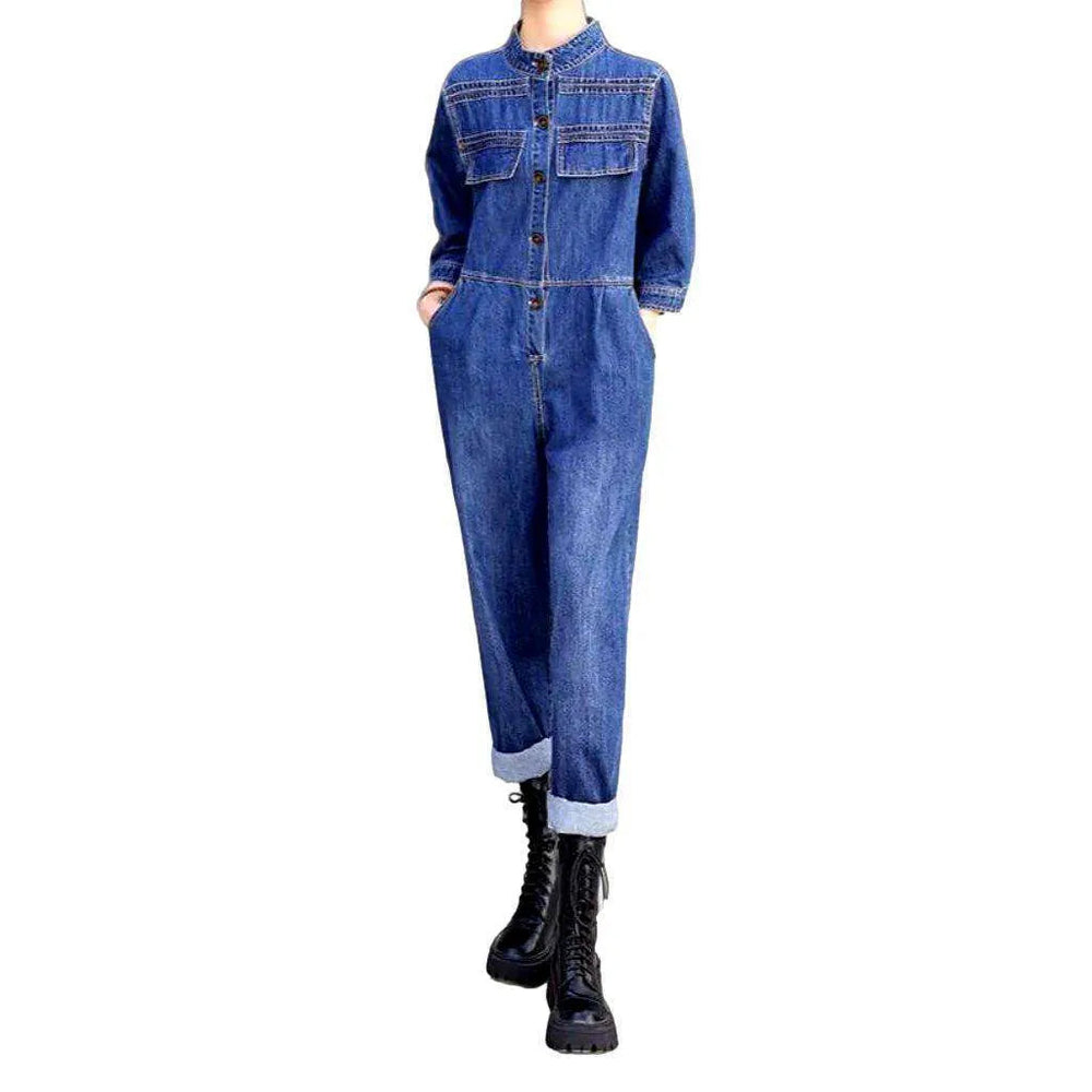 Stylish Women's Sanded Jean Jumpsuit - Blue