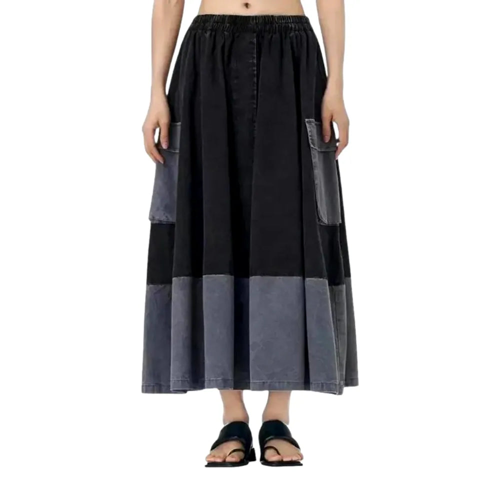 Maxi Length Elastic Fit Jeans Skirt - Black