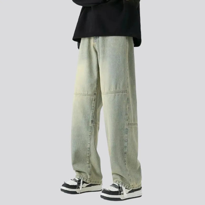 baggy, vintage, sanded, contrast-stitching, floor-length, high-waist, diagonal-pockets, zipper-button, men's jeans | Jeans4you.shop