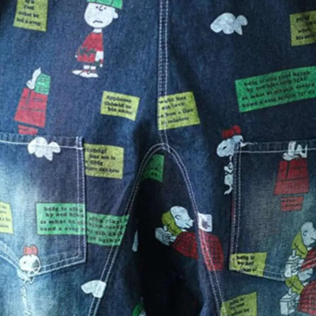 Baggy cartoon print denim jumpsuit
 for women