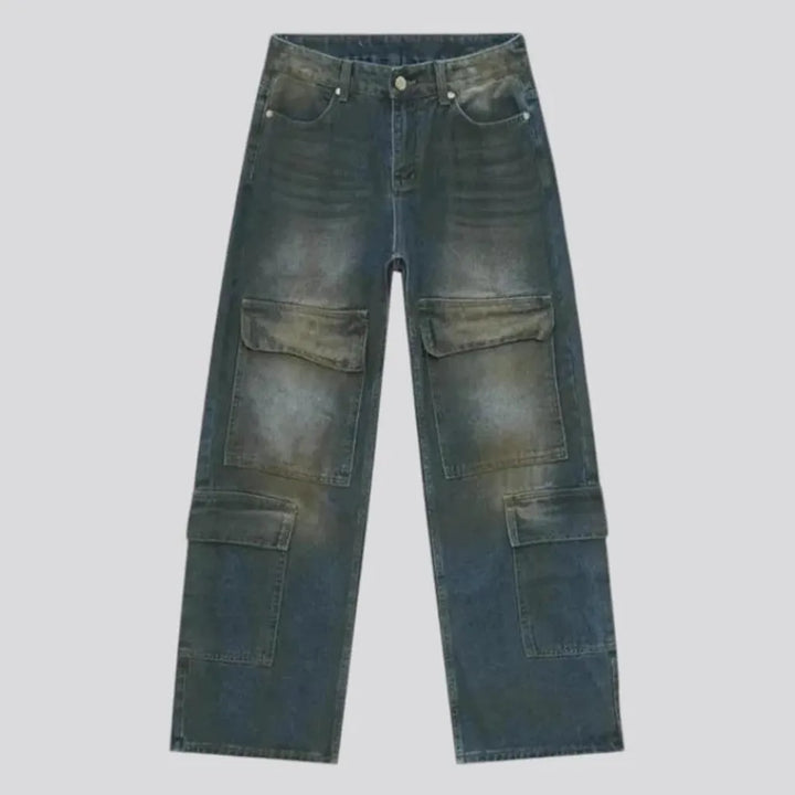 Baggy fit whiskered cargo jeans for men