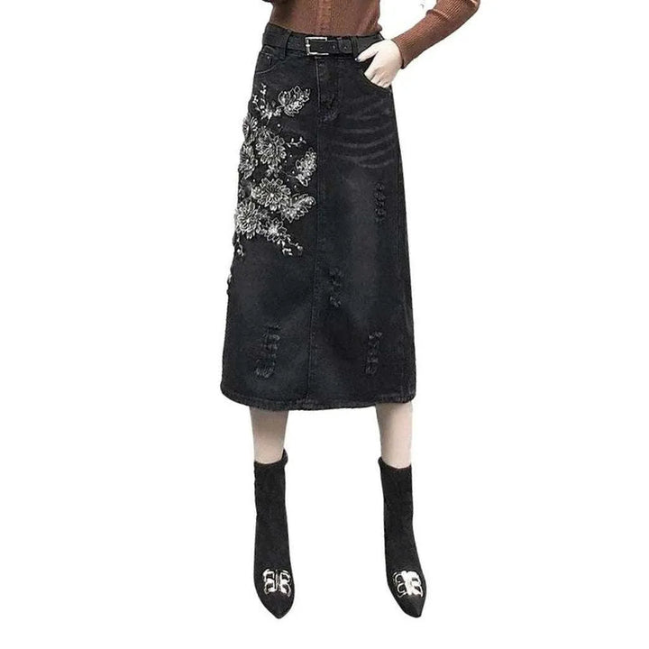 Black embroidered women's denim skirt