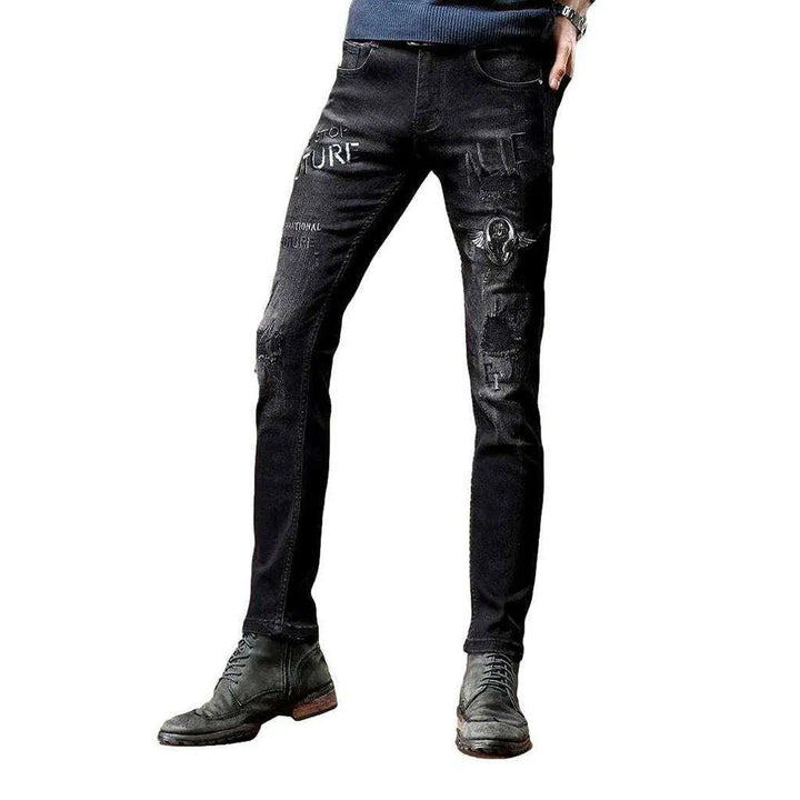 Black embroidery skinny men's jeans