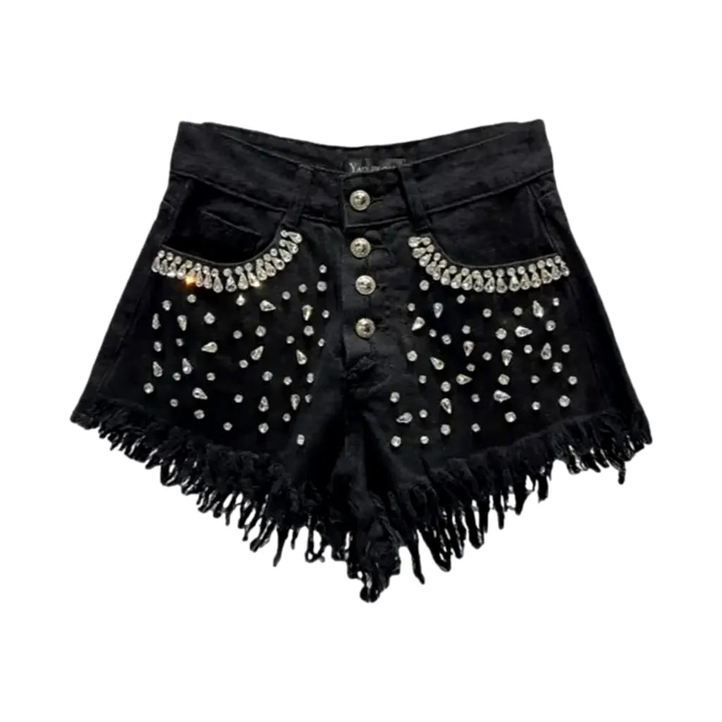 Black mid-waist denim shorts