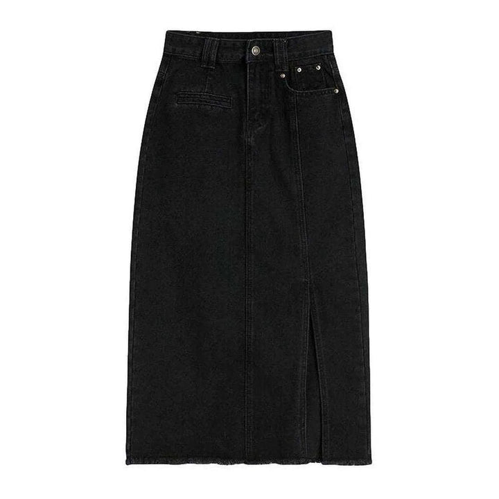 Black slit long denim skirt