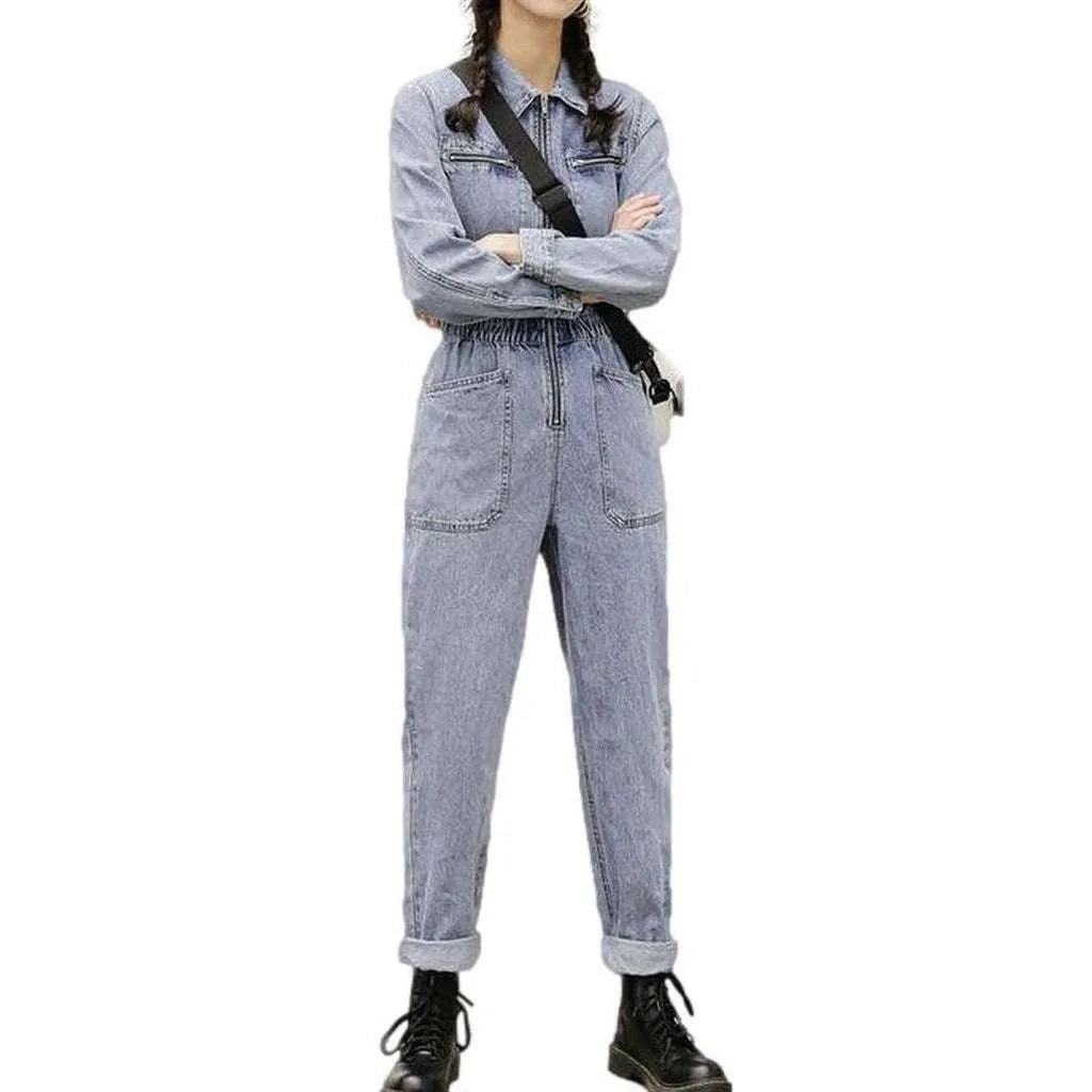 Bleached denim overall with zipper