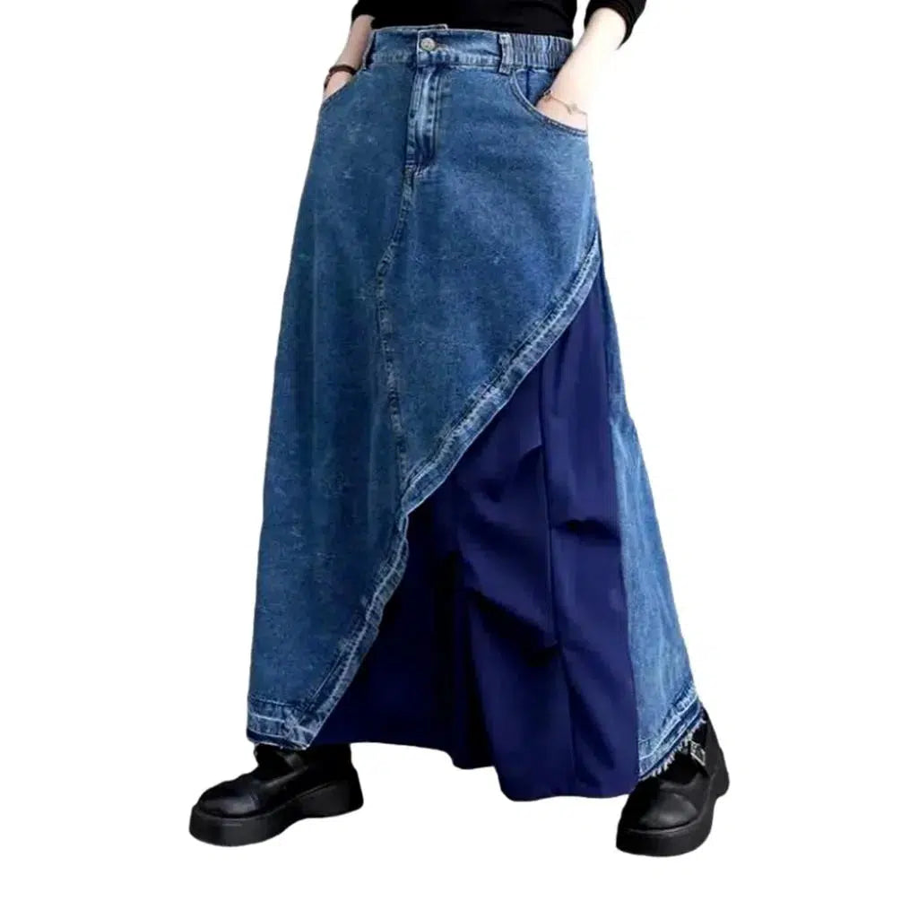 Blue mixed-fabrics denim skirt
 for ladies