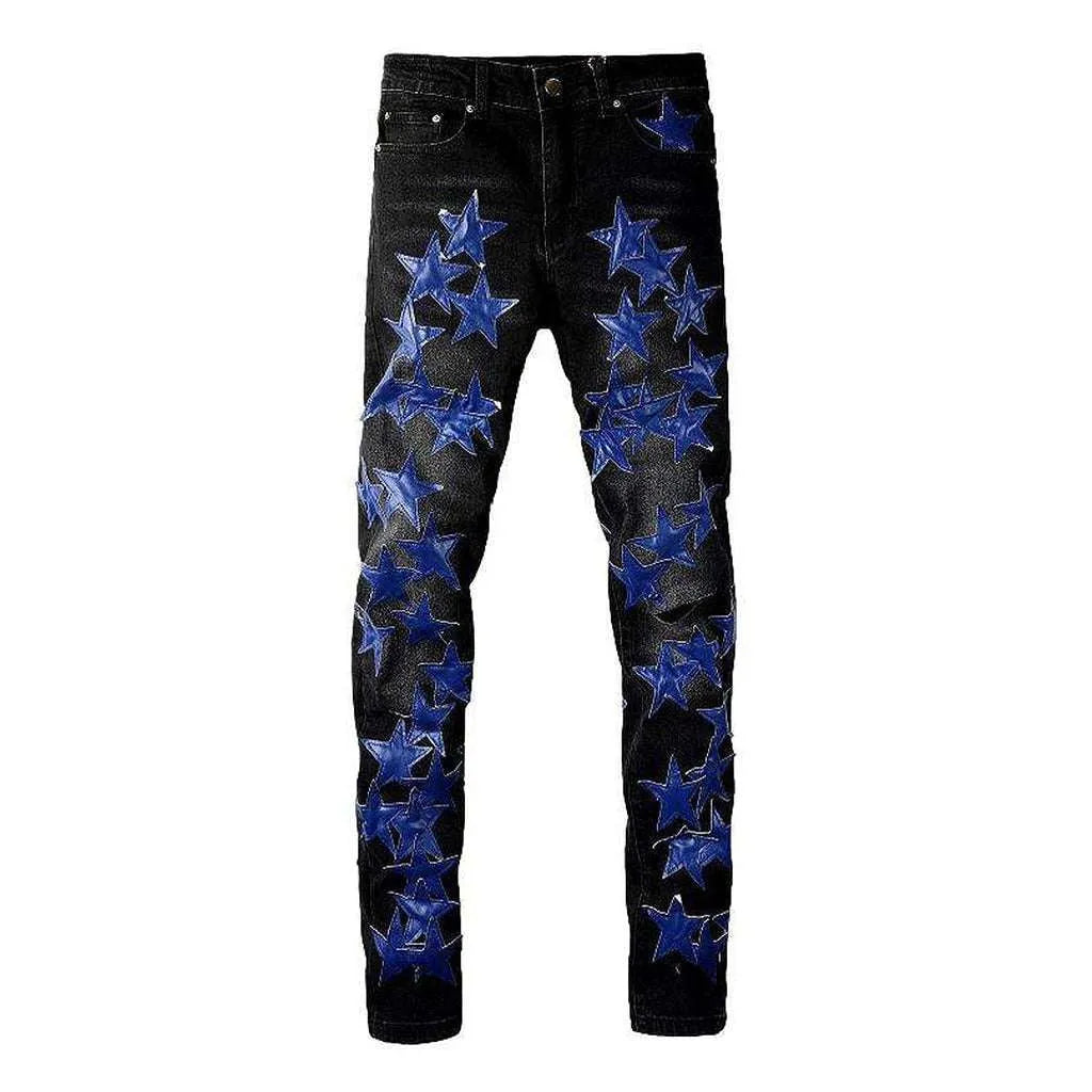 Blue star embroidery black jeans