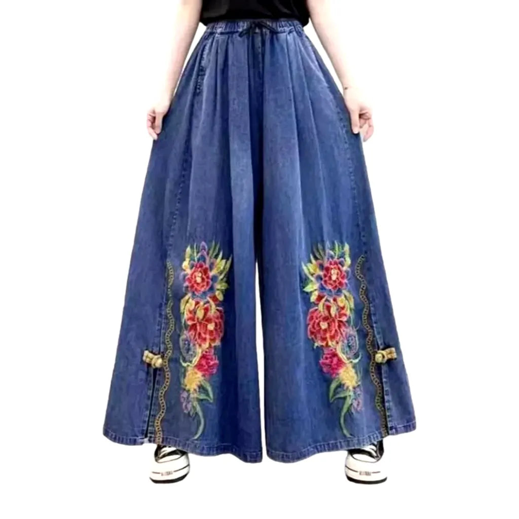 Boho embroidered women's jean pants