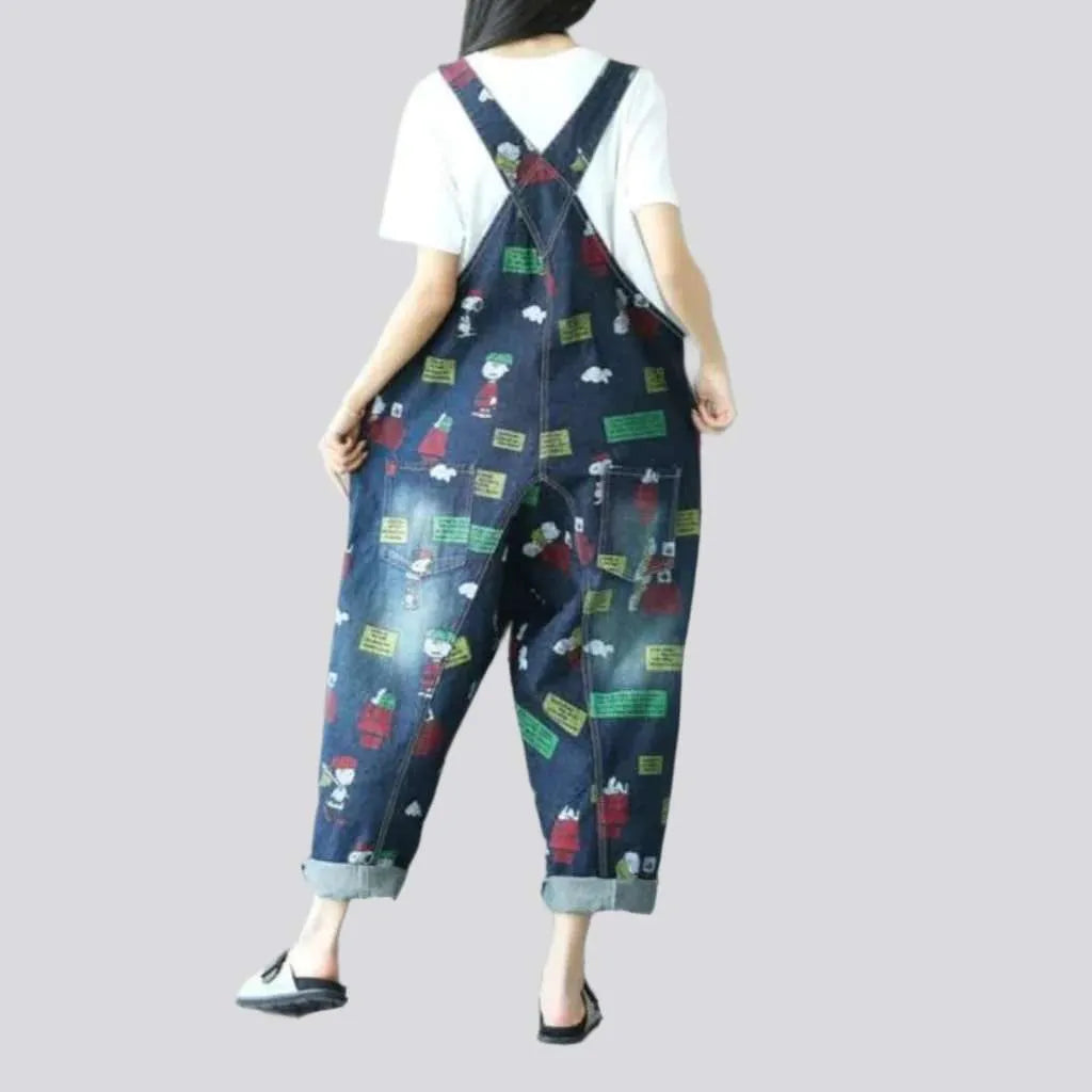 Baggy cartoon print denim jumpsuit
 for women