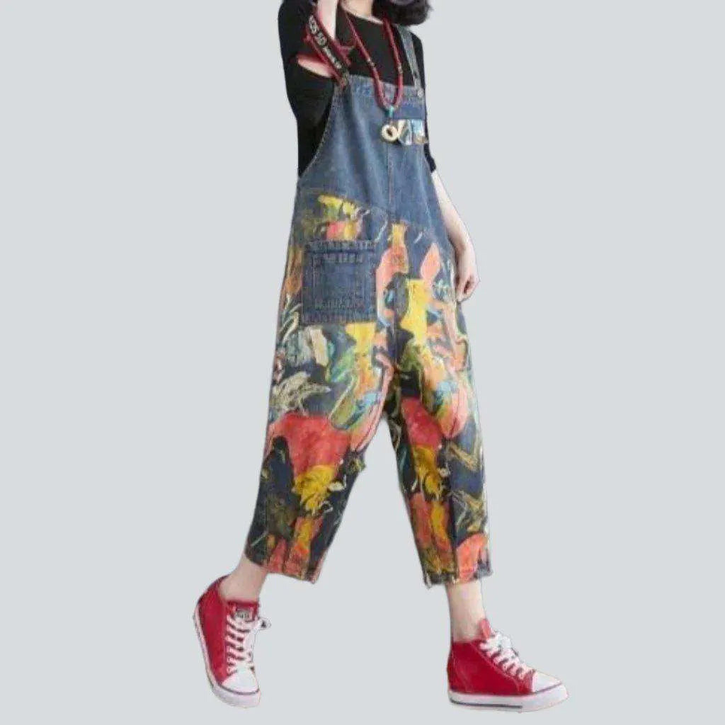 Half-color print denim jumpsuit
