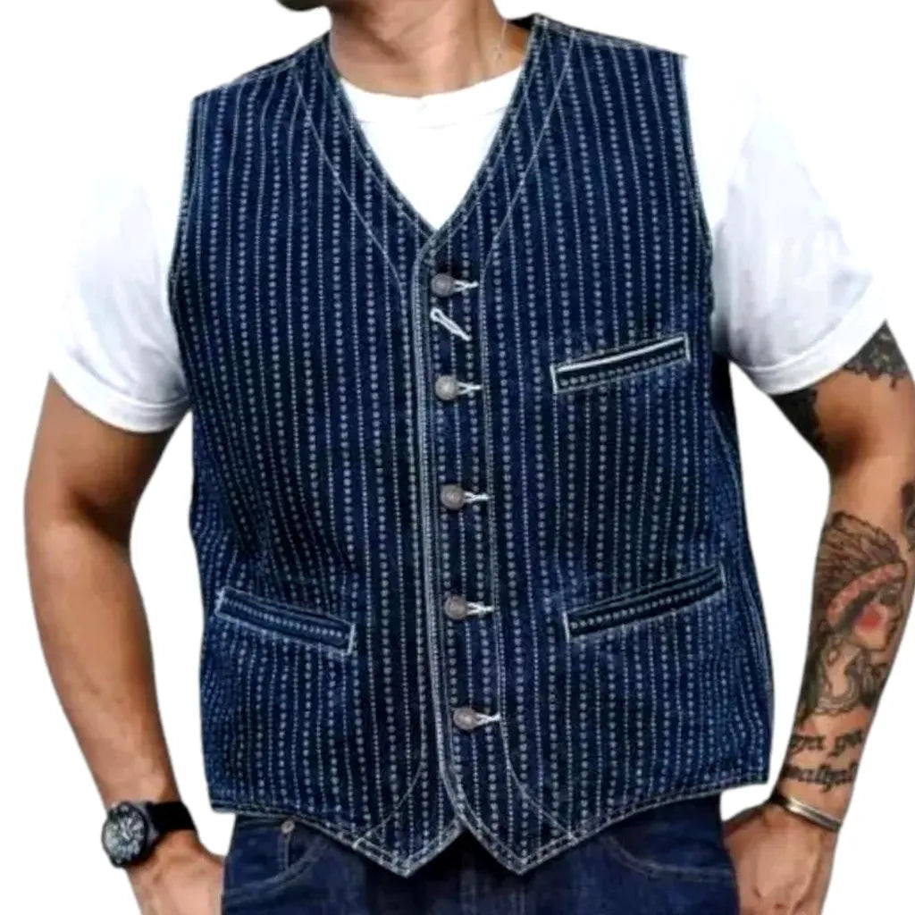 Stylish Back-cinch Self-edge Jean Vest for Men - Dark Blue