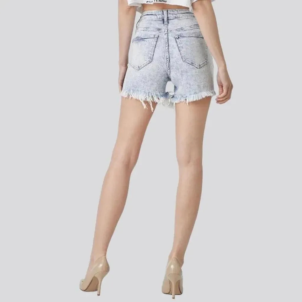 Frayed-hem ice-wash denim shorts for women