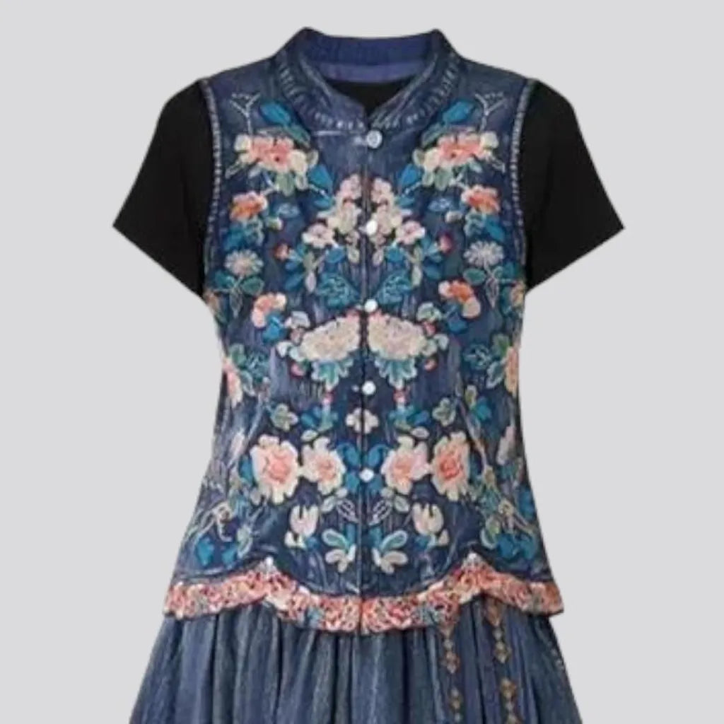long, embroidered, flower-embroidery, dark-wash, fit-and-flare, short-sleeves, women's dress | Jeans4you.shop