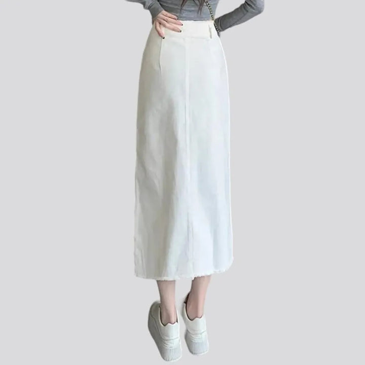 Long frayed-edges women's denim skirt