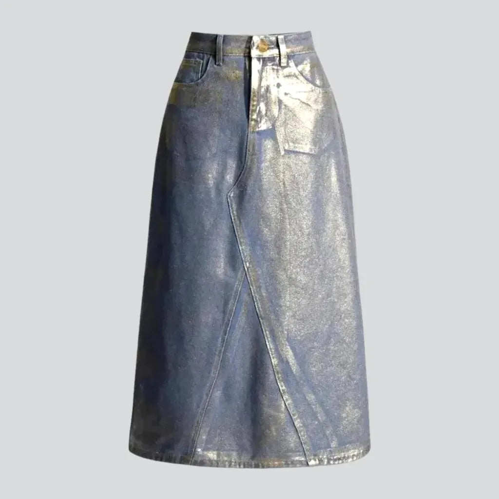 Maxi a-line waxed metallic jean skirt