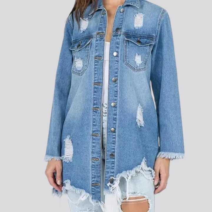 Light wash frayed jacket jean shirt for ladies