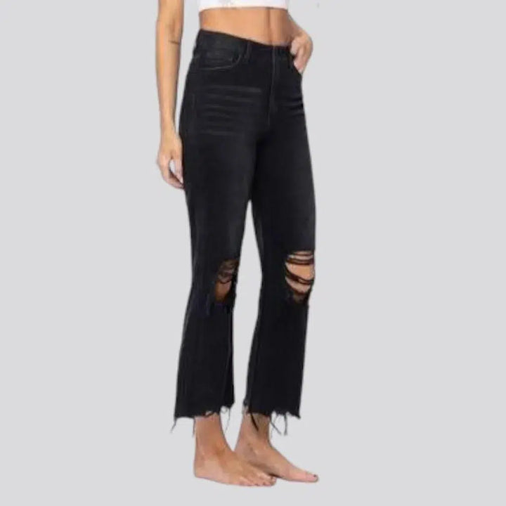 Raw-hem women's whiskered jeans