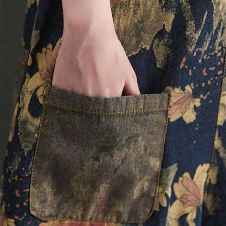 Wide-leg flowery women's denim jumpsuit