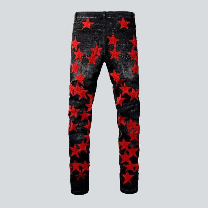 Red stars embroidery men's jeans